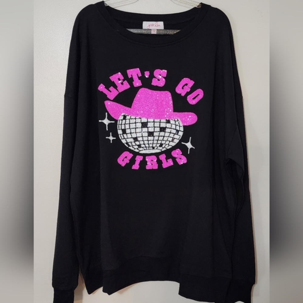 NWOT Let's Go Girls Sweatshirt Pink Sequins Western Cowgirl Country Concert 2XL
